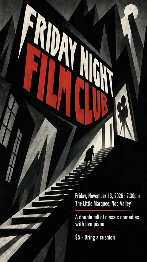 German Expressionist Film Poster style social post for a fictional story: Friday Night Film Club