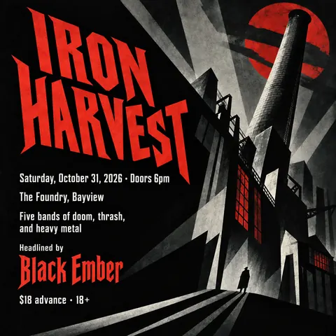 German Expressionist Film Poster style social post for a fictional post: Iron Harvest