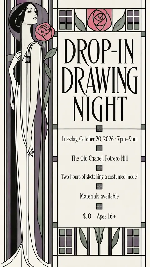 Glasgow Style style social post for a fictional story: Drop-in Drawing Night