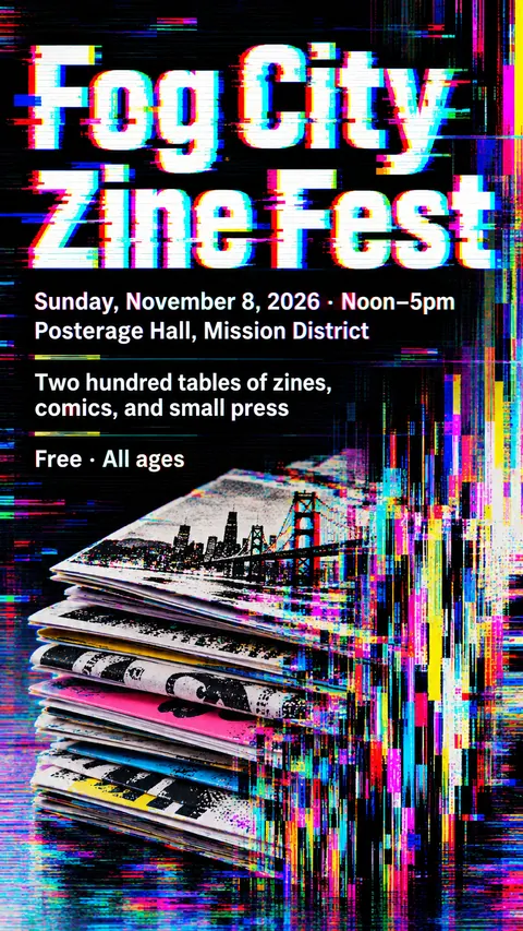 Glitch Art style social post for a fictional story: Fog City Zine Fest