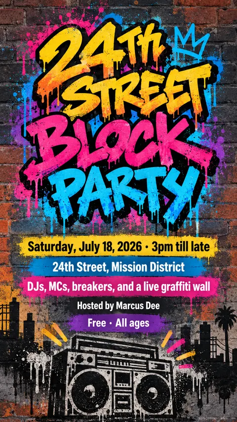 Graffiti / Street Art style social post for a fictional story: 24th Street Block Party