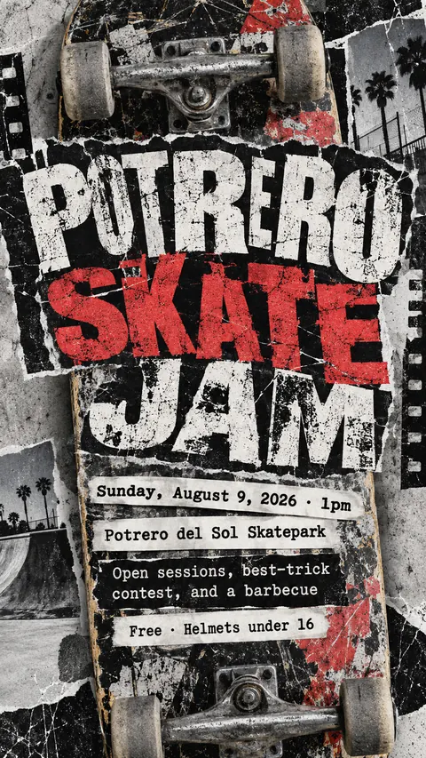 Grunge Typography style social post for a fictional story: Potrero Skate Jam