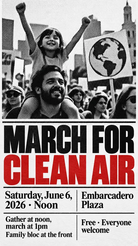 Halftone / Newsprint style social post for a fictional story: March for Clean Air
