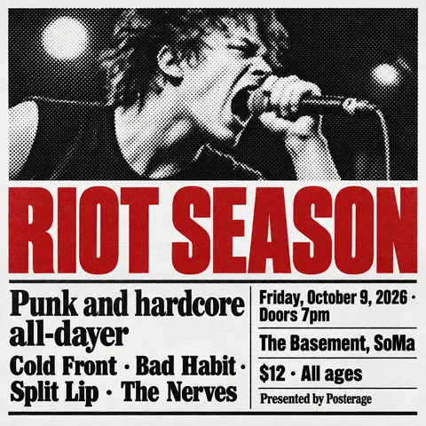 Halftone / Newsprint style social post for a fictional post: Riot Season