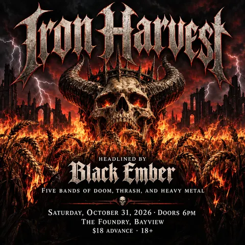 Heavy Metal Concert Poster style social post for a fictional post: Iron Harvest