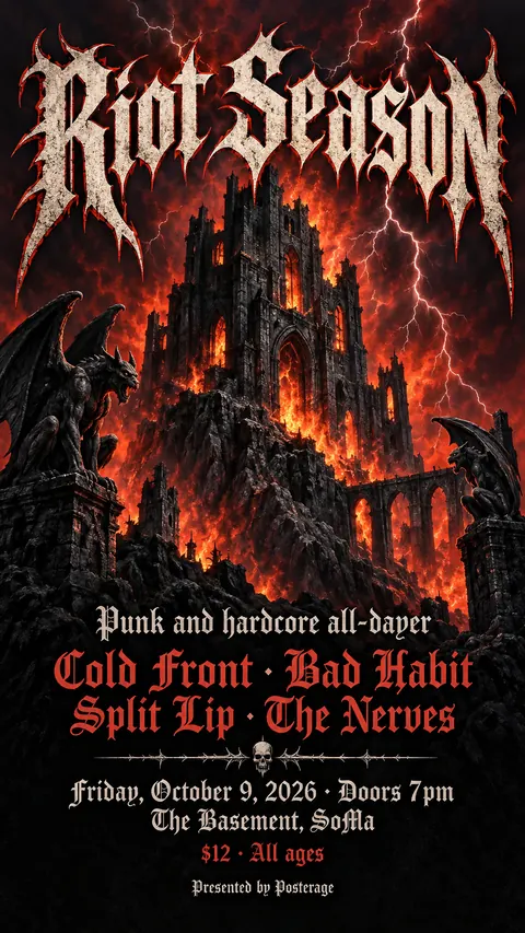 Heavy Metal Concert Poster style social post for a fictional story: Riot Season