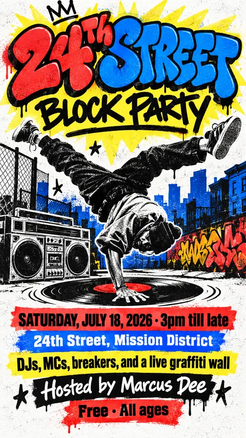 80s NYC Hip Hop Flyer style social post for a fictional story: 24th Street Block Party