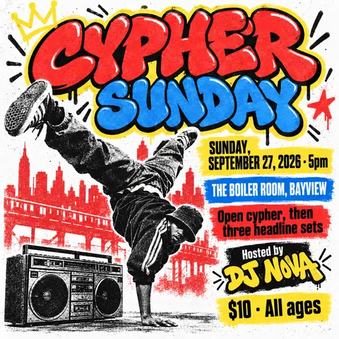 80s NYC Hip Hop Flyer style social post for a fictional post: Cypher Sunday