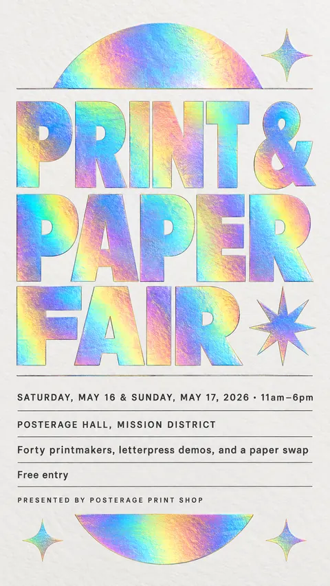 Holographic Foil style social post for a fictional story: Print & Paper Fair