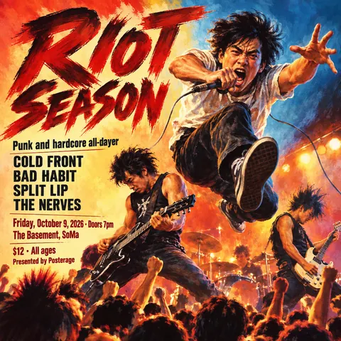 Hong Kong Cinema Poster style social post for a fictional post: Riot Season