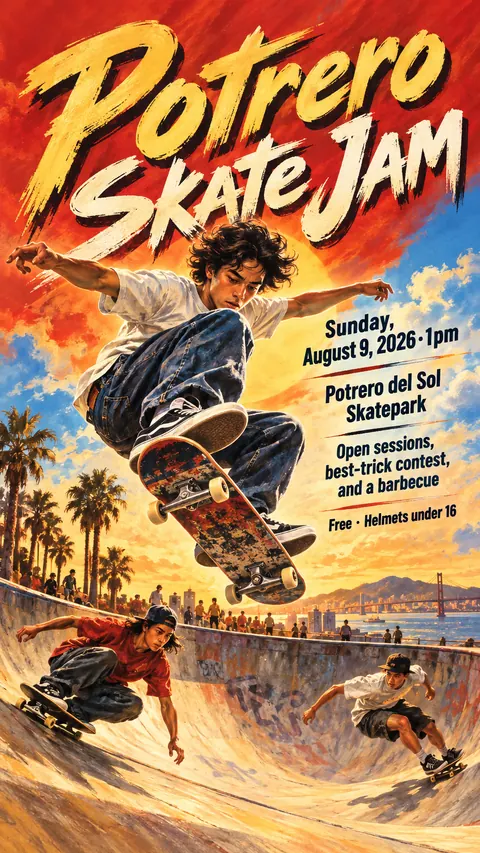 Hong Kong Cinema Poster style social post for a fictional story: Potrero Skate Jam