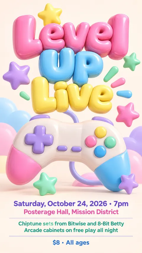 Inflated 3D style social post for a fictional story: Level Up Live
