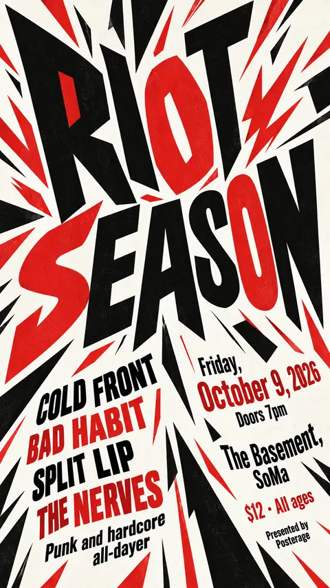 Italian Futurist Typography style social post for a fictional story: Riot Season