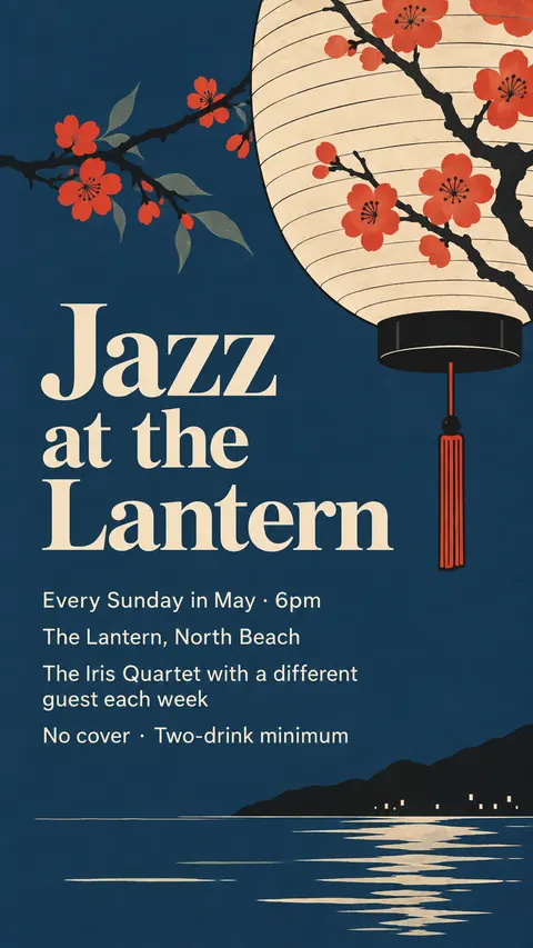 Japonisme style social post for a fictional story: Jazz at the Lantern