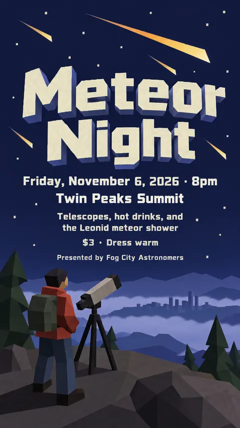 Low Poly style social post for a fictional story: Meteor Night