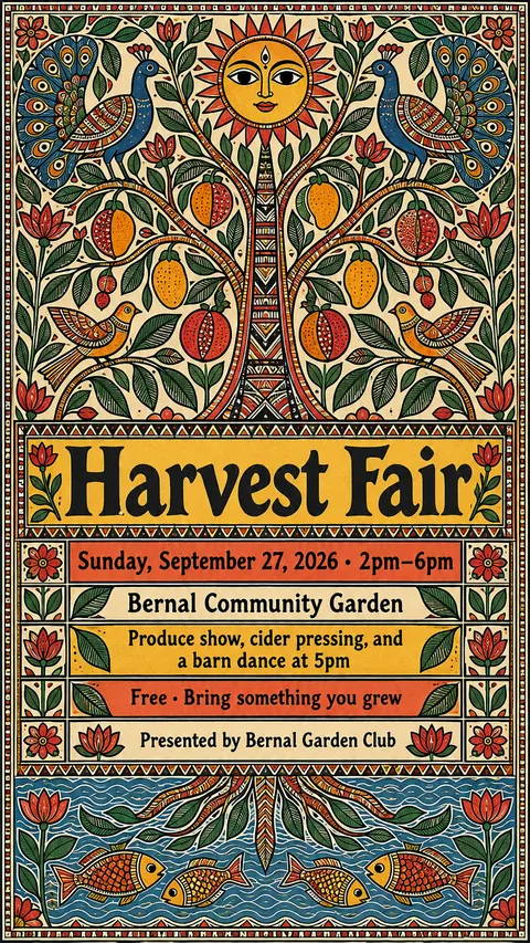 Madhubani / Indian Folk Art style social post for a fictional story: Harvest Fair