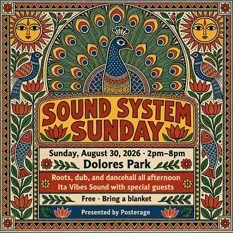Madhubani / Indian Folk Art style social post for a fictional post: Sound System Sunday