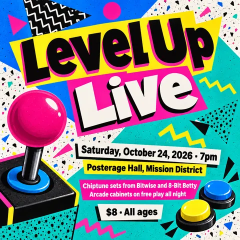 Memphis / 80s Postmodern style social post for a fictional post: Level Up Live