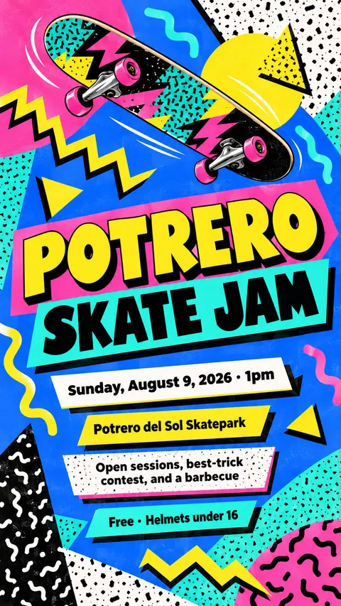 Memphis / 80s Postmodern style social post for a fictional story: Potrero Skate Jam