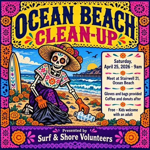 Mexican Calavera / Posada style social post for a fictional post: Ocean Beach Clean-up