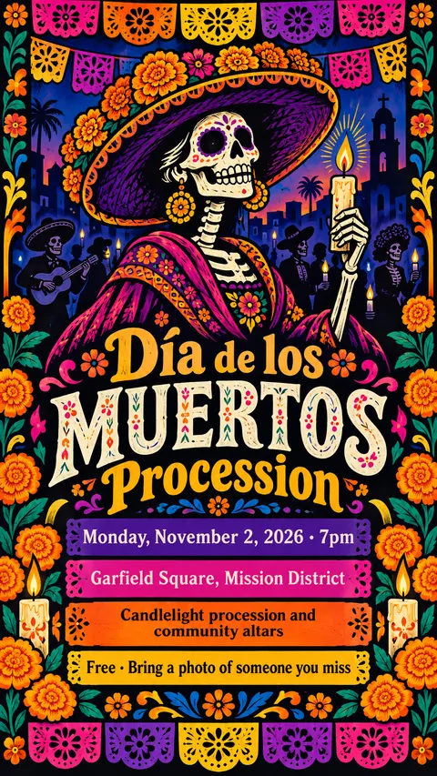 Mexican Calavera / Posada style social post for a fictional story: Día de los Muertos Procession