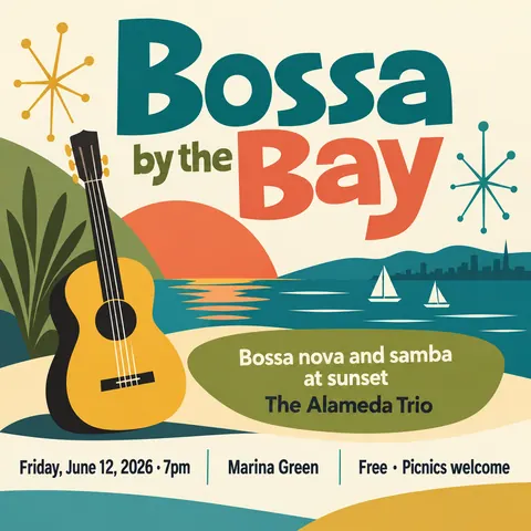 Mid-century Modern Graphic style social post for a fictional post: Bossa by the Bay