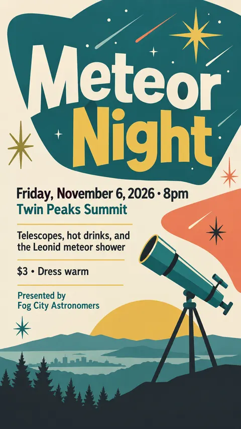 Mid-century Modern Graphic style social post for a fictional story: Meteor Night