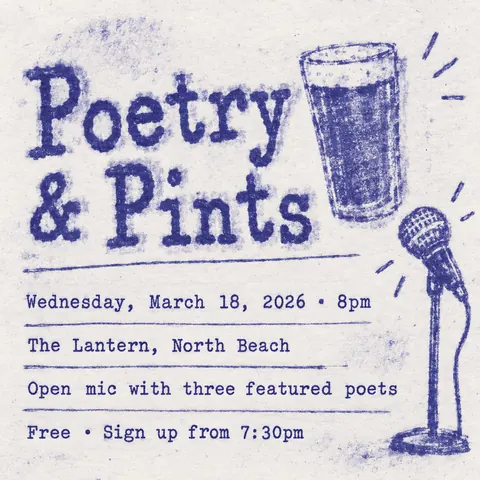 Mimeograph / Ditto Machine style social post for a fictional post: Poetry & Pints