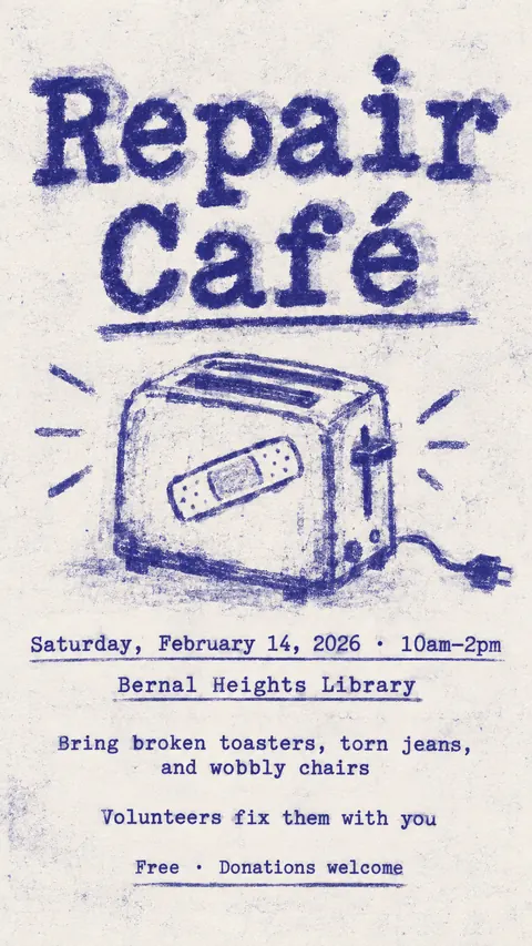 Mimeograph / Ditto Machine style social post for a fictional story: Repair Café