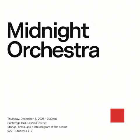 Minimalism (Art) style social post for a fictional post: Midnight Orchestra