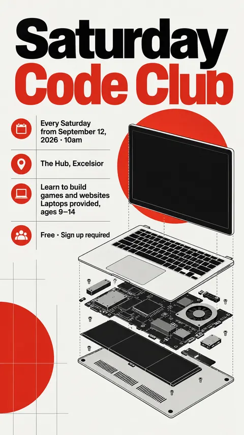 NASA Worm Modernist style social post for a fictional story: Saturday Code Club