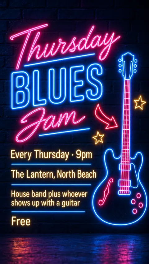 Neon Sign / Diner Americana style social post for a fictional story: Thursday Blues Jam