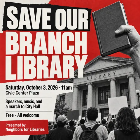 Neue Sachlichkeit / New Objectivity style social post for a fictional post: Save Our Branch Library