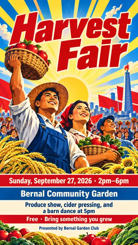 North Korean Propaganda style social post for a fictional story: Harvest Fair