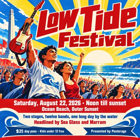North Korean Propaganda style social post for a fictional post: Low Tide Festival