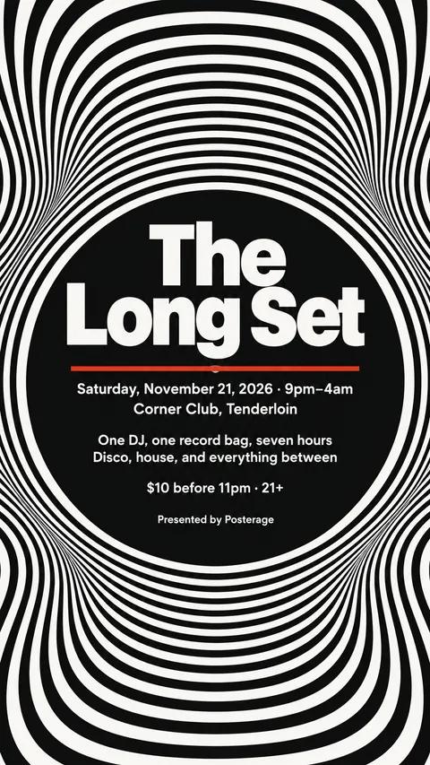 Op Art style social post for a fictional story: The Long Set