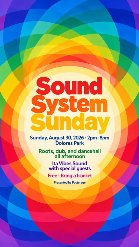 Orphism / Simultanism style social post for a fictional story: Sound System Sunday