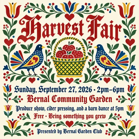 Pennsylvania Dutch / Fraktur style social post for a fictional post: Harvest Fair