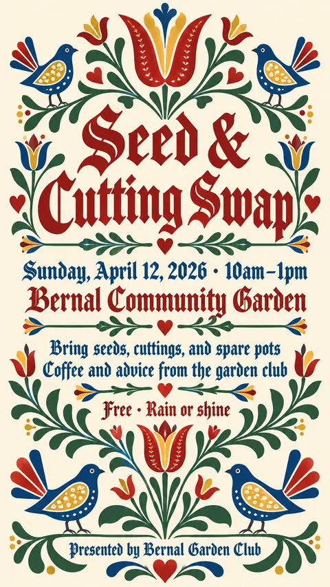 Pennsylvania Dutch / Fraktur style social post for a fictional story: Seed & Cutting Swap