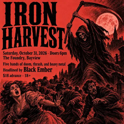 Penny Dreadful / Sensation Novel Cover style social post for a fictional post: Iron Harvest