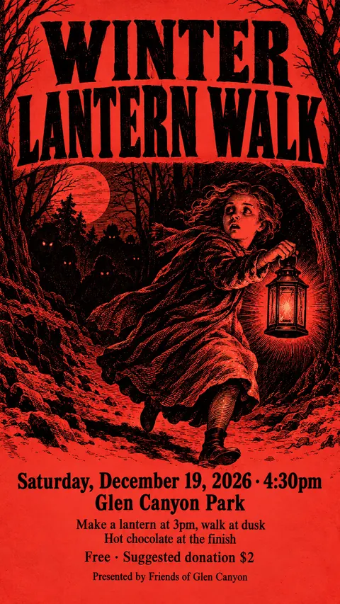 Penny Dreadful / Sensation Novel Cover style social post for a fictional story: Winter Lantern Walk