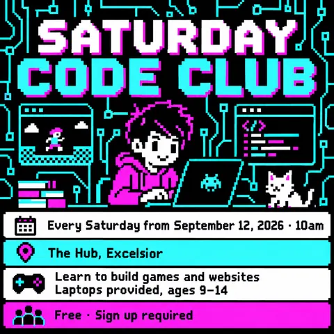 Pixel Art style social post for a fictional post: Saturday Code Club