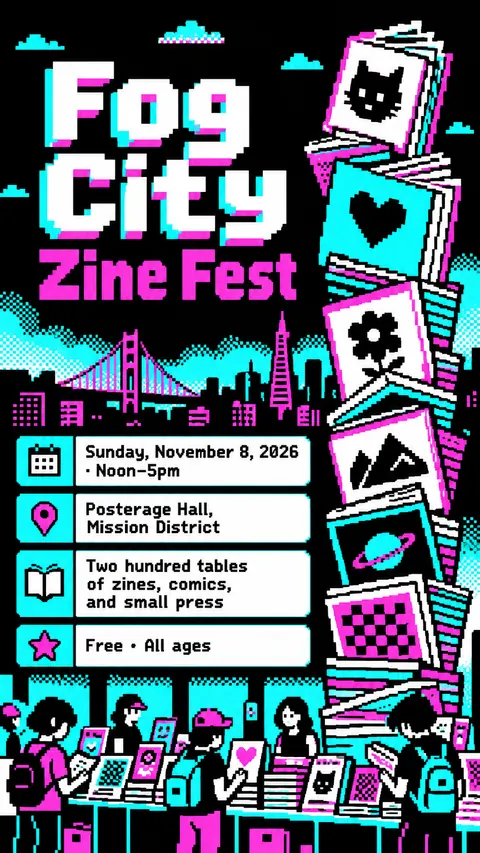 Pixel Art style social post for a fictional story: Fog City Zine Fest