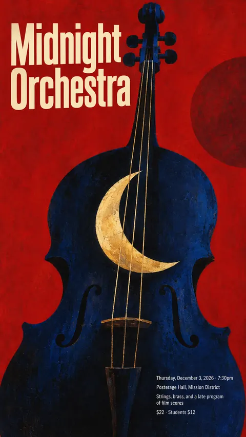 Polish Poster School style social post for a fictional story: Midnight Orchestra