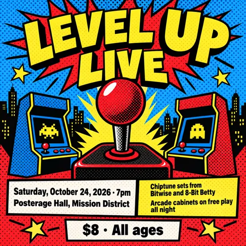 Pop Art style social post for a fictional post: Level Up Live