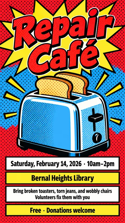Pop Art style social post for a fictional story: Repair Café