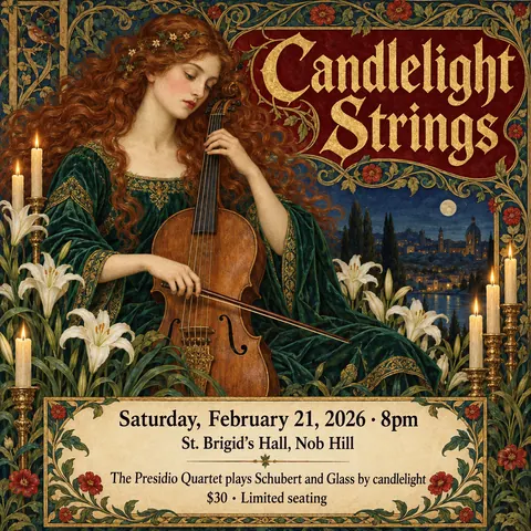 Pre-Raphaelite Illustration style social post for a fictional post: Candlelight Strings
