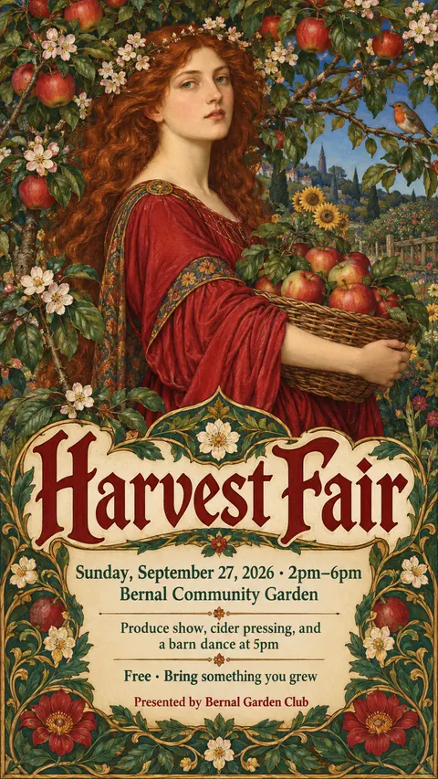 Pre-Raphaelite Illustration style social post for a fictional story: Harvest Fair