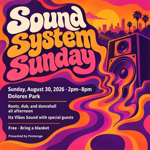 Psychedelic style social post for a fictional post: Sound System Sunday