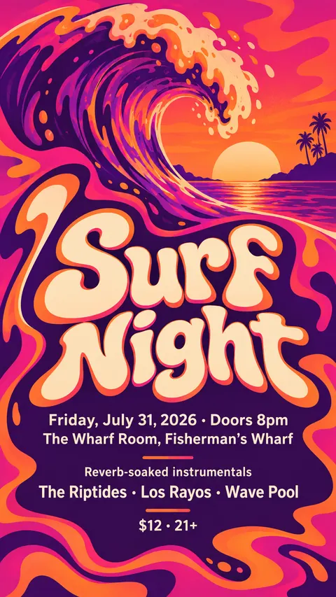 Psychedelic style social post for a fictional story: Surf Night